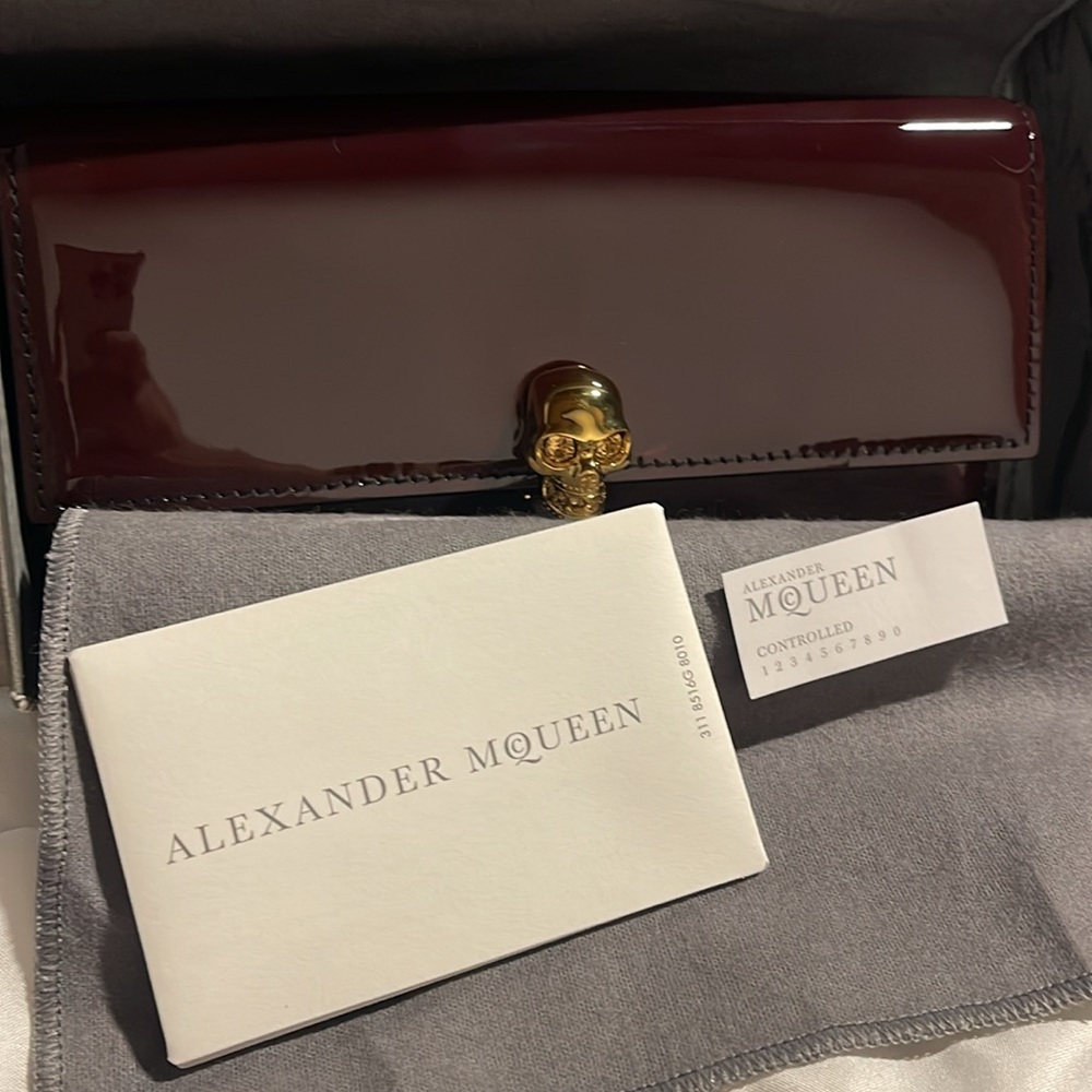 Alexander McQueen Burgundy Wallet with Gold Skull Accent